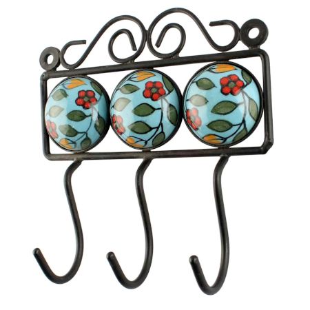 Turquoise With Green Leaf Ceramic Floral Tiles Hook